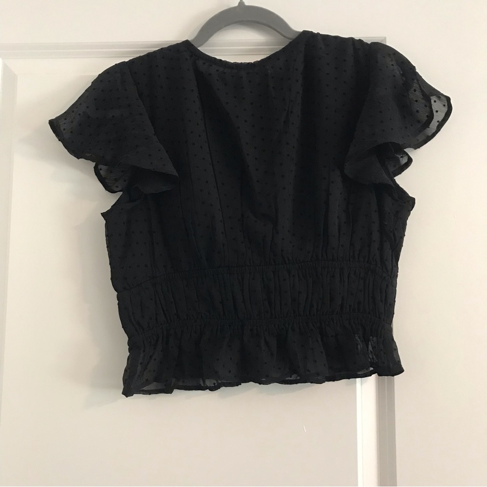 Francesca’s Mi Ami Swiss Dot Black Sheer Peplum Blouse - Picture 2 of 7